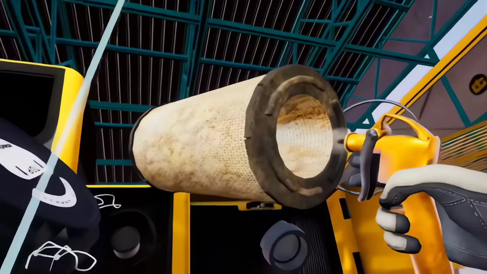 Air compressor nozzle aimed at a dusty air filter element to blow it clean, in the excavator maintenance trainer.