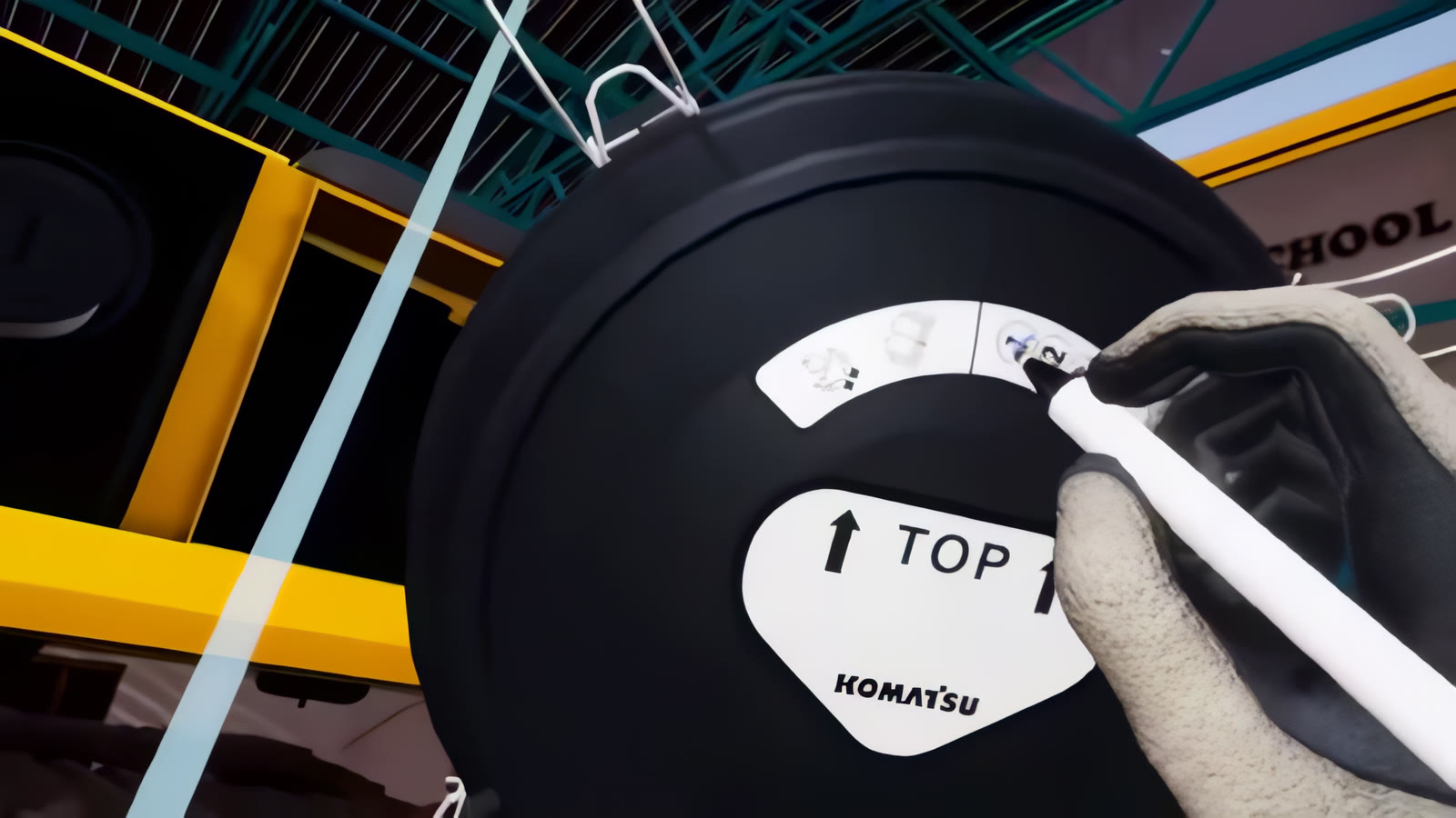 Gloved hand marks the maintenance number on the air filter cover service label, in the excavator maintenance trainer.