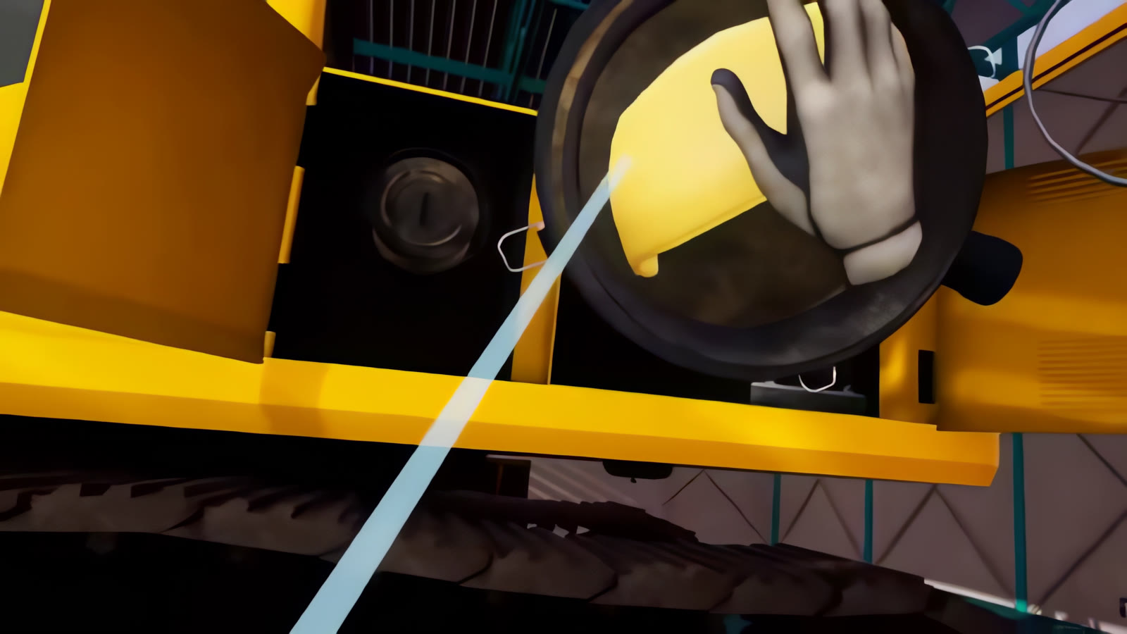 Gloved hand wipes the inside of the excavator air filter cover with a cloth.
