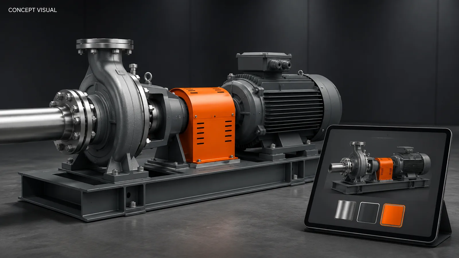 Illustrative concept of an industrial pump beside a tablet showing the same pump with selectable finish options.