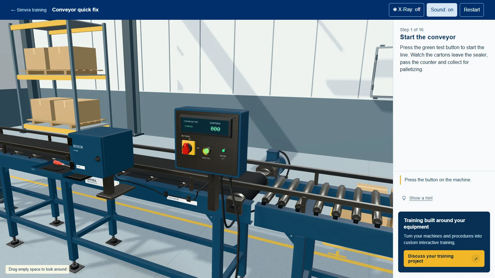 Conveyor training demo with on-screen task instructions