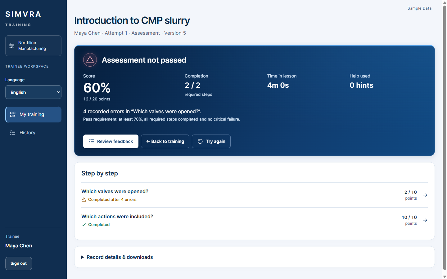 Web training individual assessment result with completed required steps, a failed outcome and step-by-step feedback, using fictional sample data.