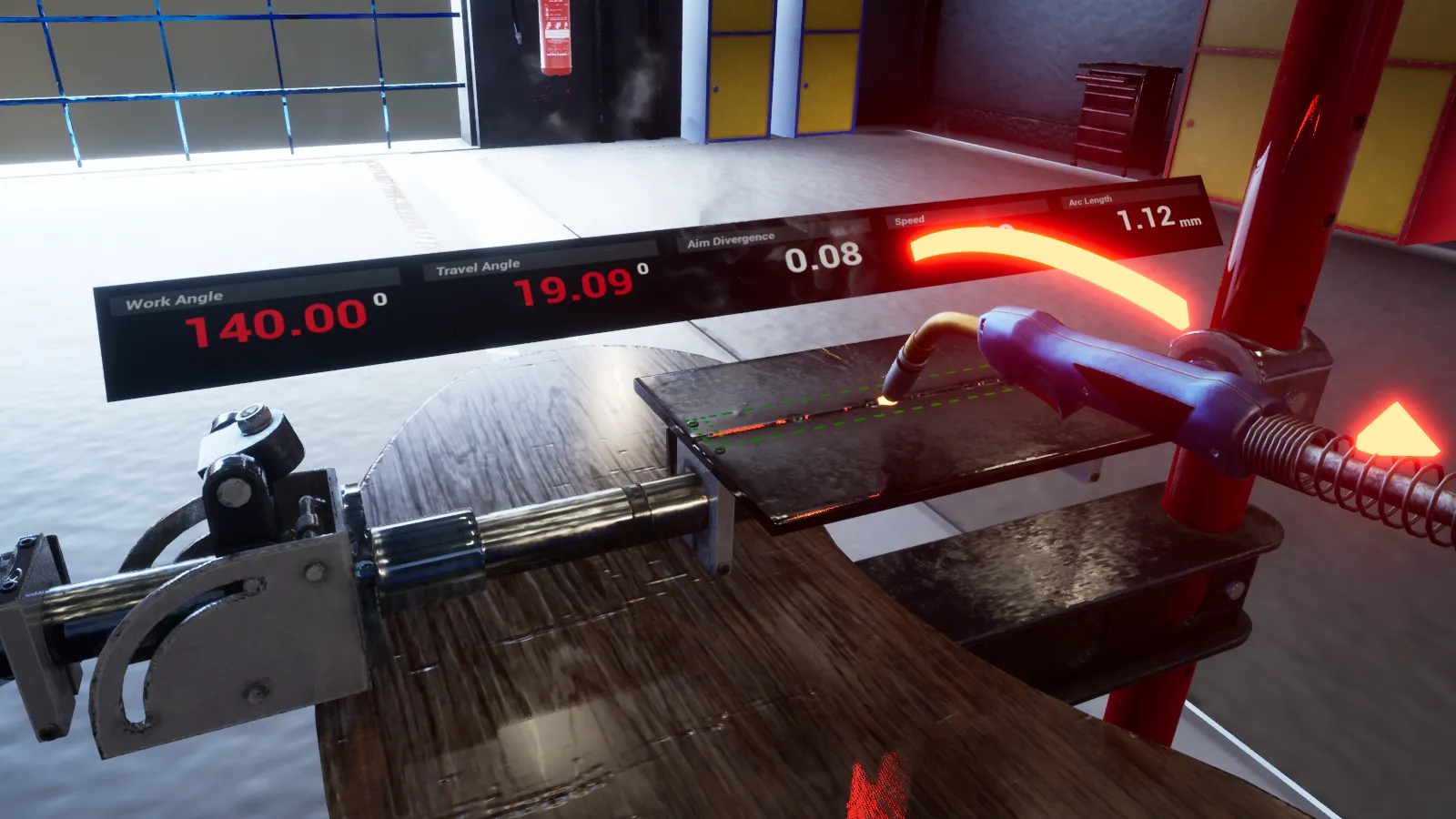 Welding torch on a clamped steel plate, with live readouts for work angle, travel angle, aim divergence, speed and arc length.